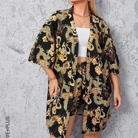 Plus Chinese dragon print kimono and shorts